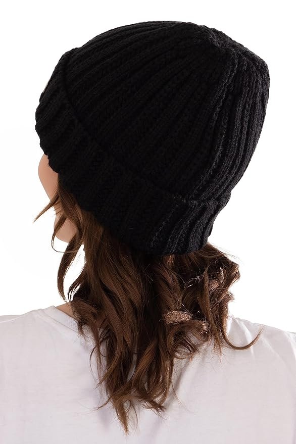 HIVER Acrylic Switz Winter Cap for Women Fleece Lined Beanie Knit Chunky Womens Snow Cap | Womens Knit Cuffed Beanie Cap Stretch Ribbed Acrylic Winter Ski Cap | Free Size