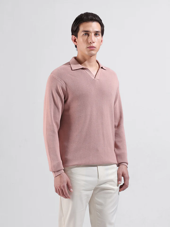 Men's Pink Slim Fit Textured Flat Knit Polo Neck T-Shirt