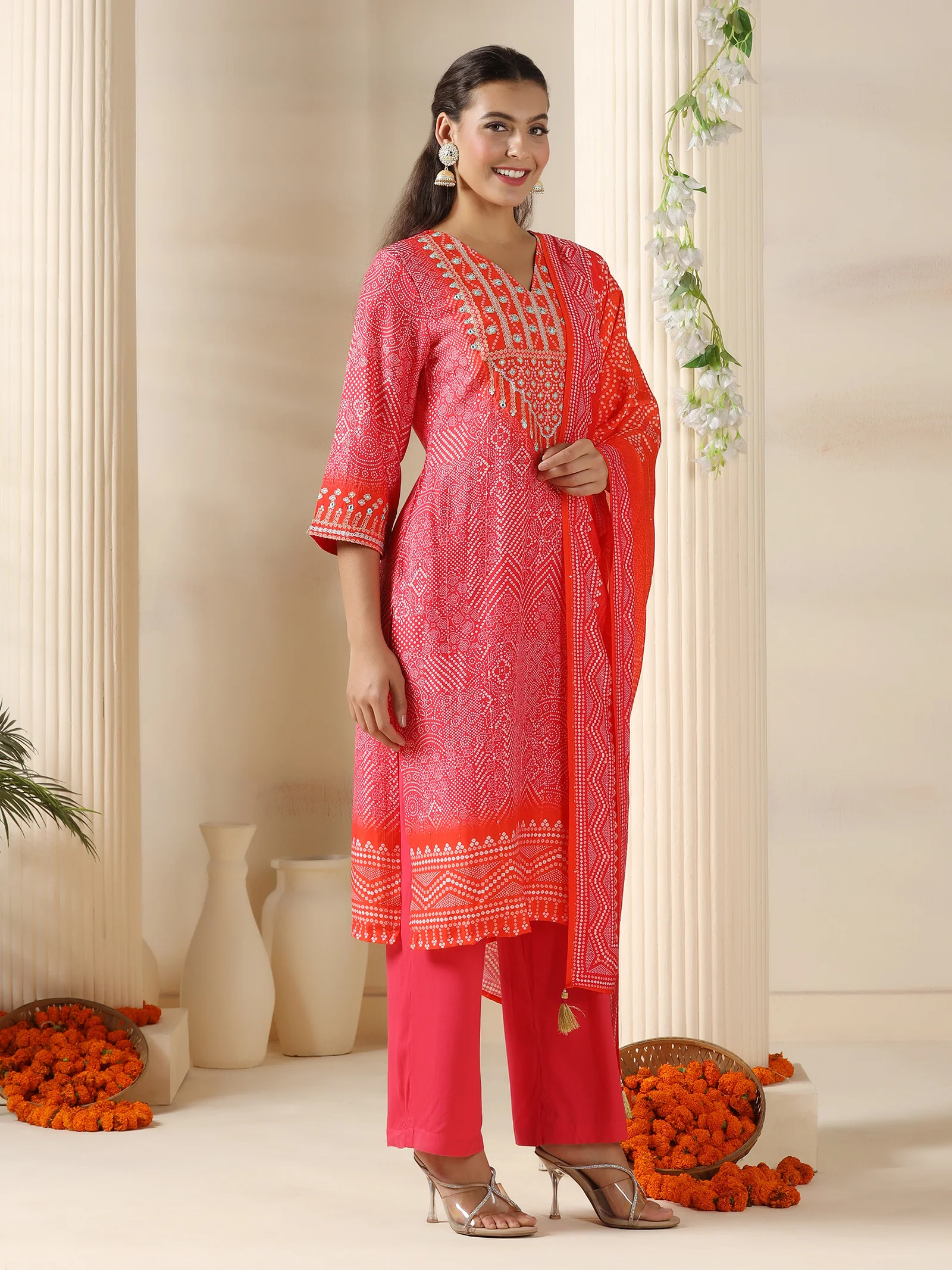Women Chanderi Pink Bandhani Print embroidered Kurta Comfort Pant Dupatta