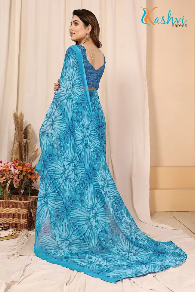 Ombre, Floral Print Daily Wear Georgette Saree with Unstitched Blouse (Light Blue)
