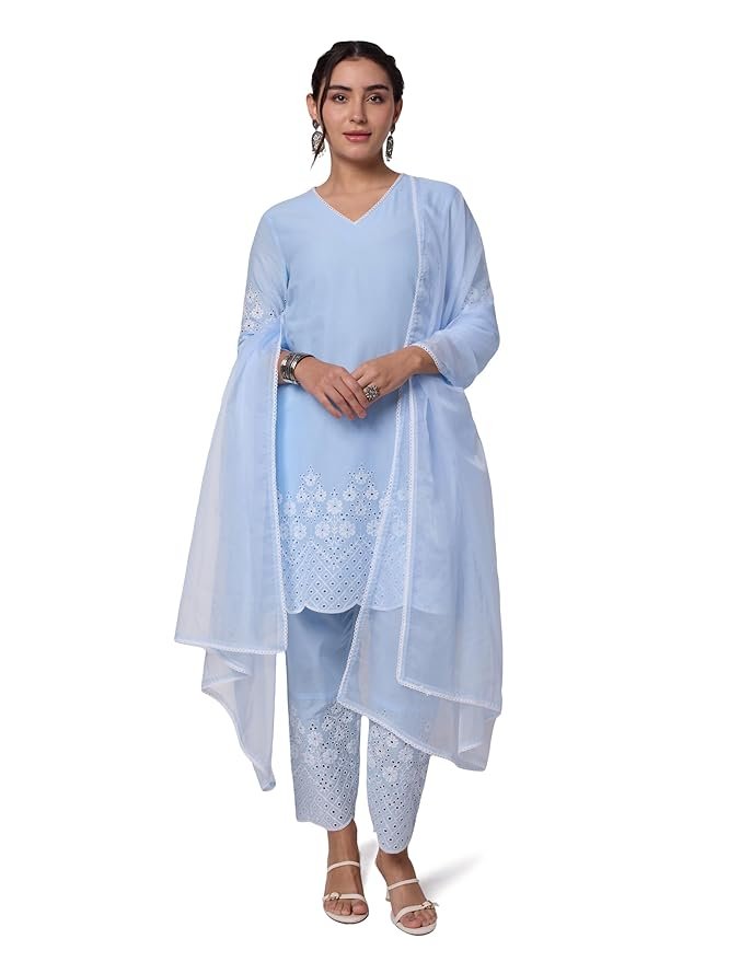 Women's Pure Cotton Schiffli Embroidered Kurta Set with Dupatta