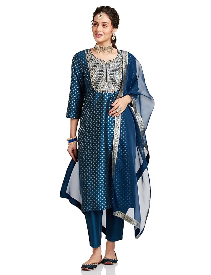 Women's Embroidered Kurta Set with Organza Dupatta