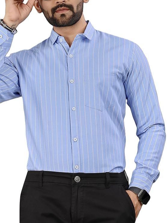Men's Pure Cotton Striped Printed Shirt with Spread Collared Neck Full Sleeve Curved Hemline Button Closure and Regular Fit | Shirt for Man