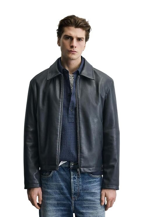 Men's Black Leather Jacket | Collared Zip-Up, Classic Style