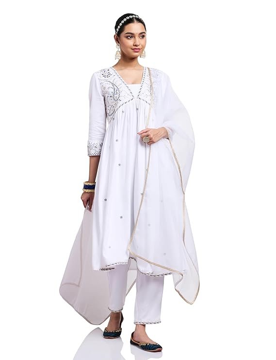 Women's Embroidered Anarkali Kurta Pant Set with Organza Dupatta