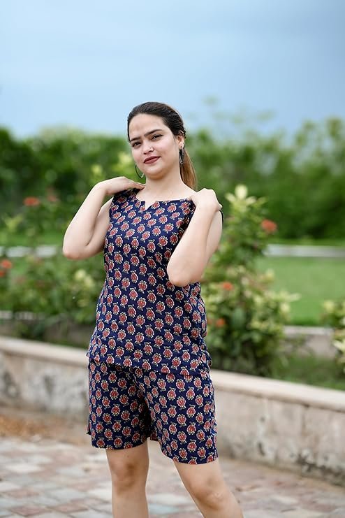 Women's Cotton Night Suit Set, Half Sleeve Top with Printed Shorts, Summer Sleepwear Loungewear