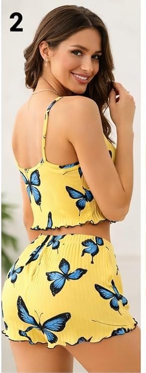 Women's Butterfly Print Pajama Set, Yellow, Crop Top and Shorts, Two Piece Sleepwear