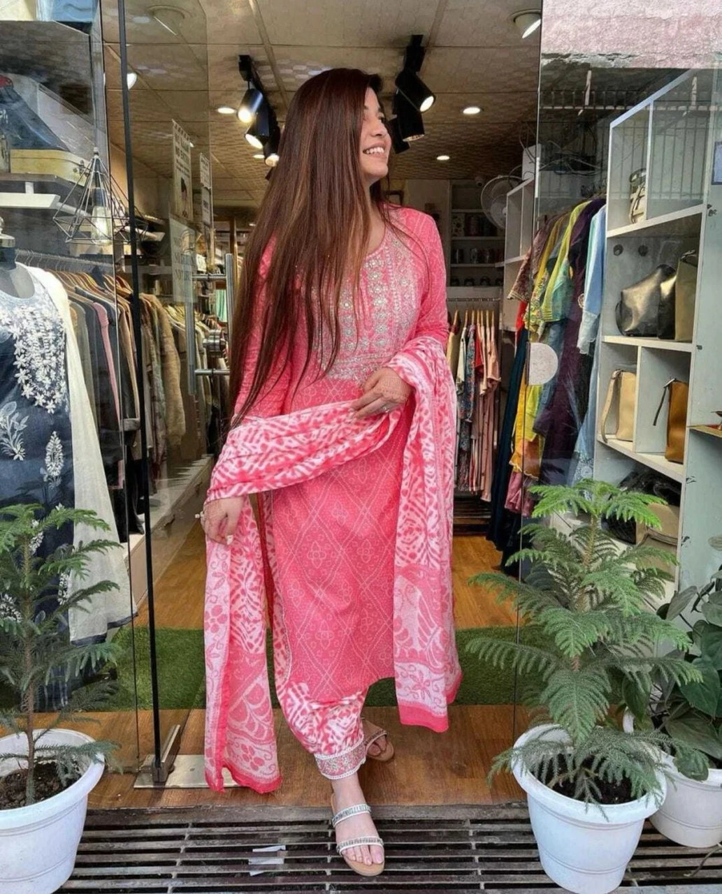 RATHIMAM Women Cotton Rayon Kurti Pant Dupatta Set