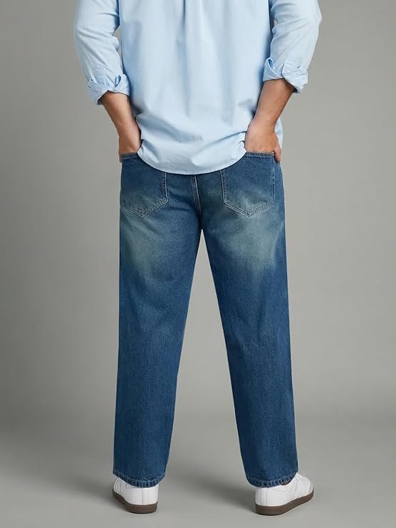 Men's Relaxed Fit Washed Denim Jeans Non-Stretchable
