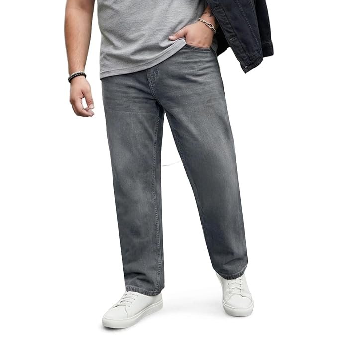 Men's Relaxed Fit Washed Denim Jeans Non-Stretchable