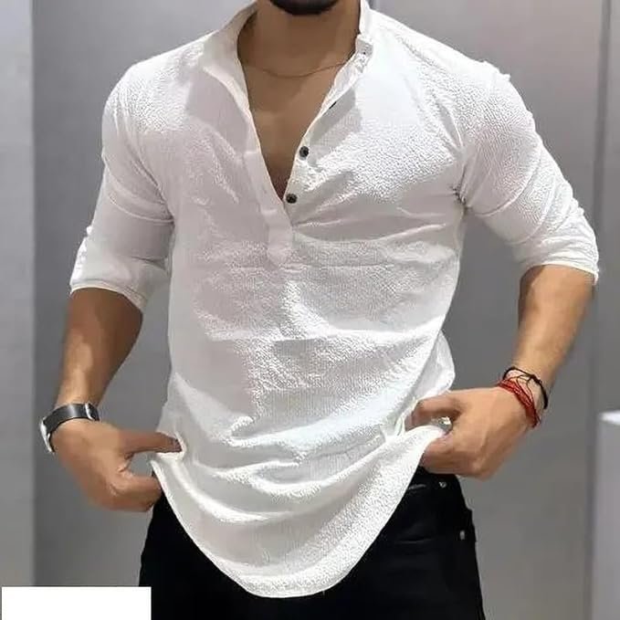 Men Cotton Blend Kurta Style Casual Shirt Full Sleeve Self Design Hip Length Regular
