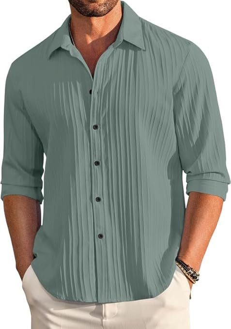 Men's Casual Cotton Plain Button Down Shirt Long Sleeve Textured Summer Beach Shirt for Men