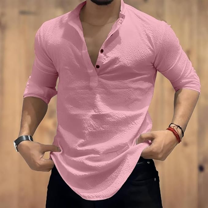 Men Cotton Blend Kurta Style Casual Shirt Full Sleeve Self Design Hip Length Regular