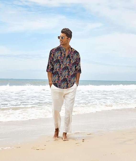 Men's Cotton Blend Full Sleeve Printed Short Kurta with Mandarin Collar Crafted from a Premium Cotton Blend
