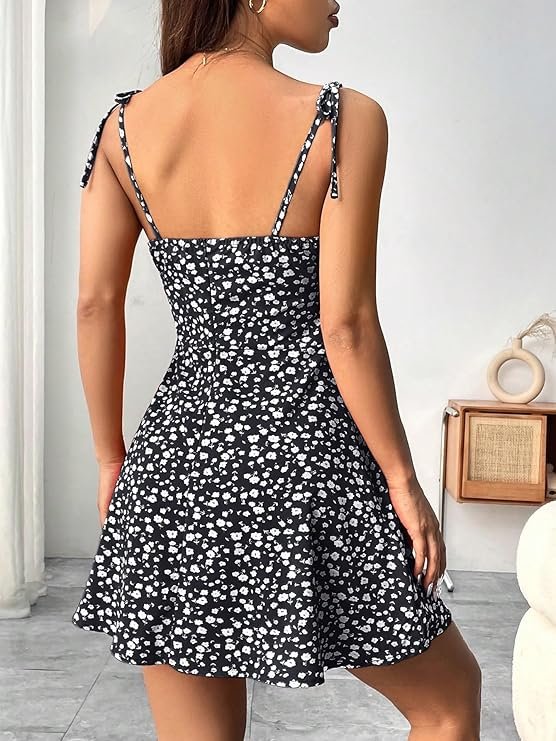 Women Fit and Flare Blue Summer Vacation Style Floral Print Spaghetti