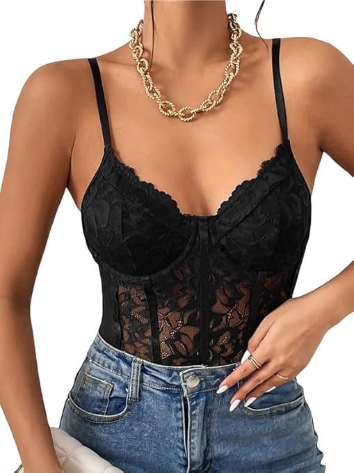 Floral Lace Mesh Corset Body Doll Suit Spaghetti Strap Top Sheer Night Dress for Women
