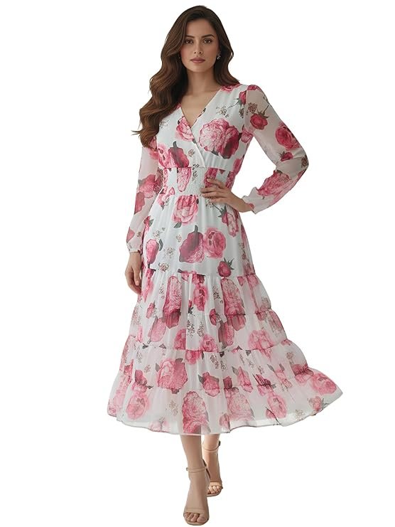 Dress for Woman | Maxi Dress for Women Stylish | Women’s Elegant A Line Dresses Summer Long Georgette with Floral Prints | Perfect Gaun Wear for Womens