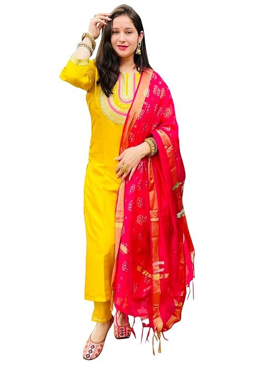 Women's Cotton Silk Blend Kurta Pant Set with Foil Print Chanderi Dupatta