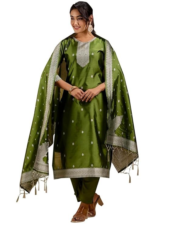Women's Cotton Blend Kurta with Pant & Banarasi Silk Dupatta Set