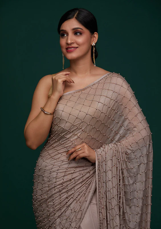 Mauve Satin Pearlwork Saree With Unstitched Blouse