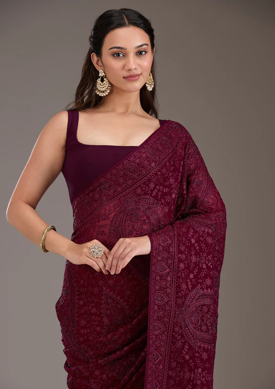 Wine Georgette Threadwork Saree With Unstitched Blouse