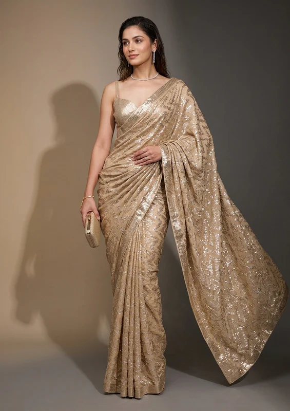 Beige Georgette Sequins Saree With Unstitched Blouse