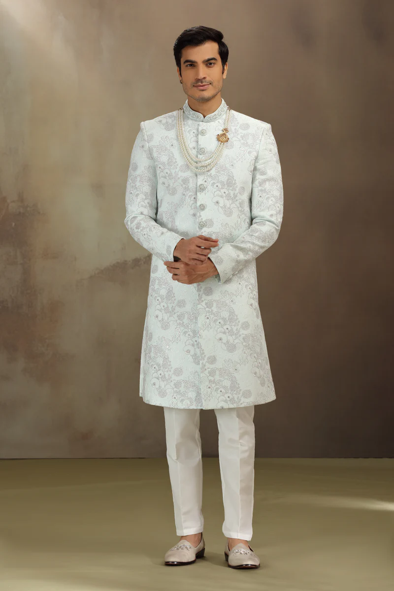 Sea Green Silk Wedding Sherwani with Resham and Dori Work