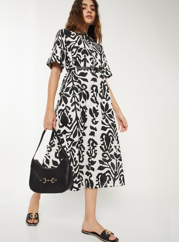 Women Printed A-Line Dress with Belt